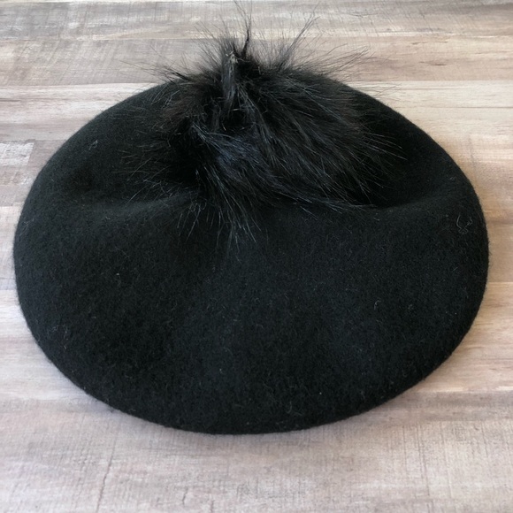 Black Wool Beret w/ Faux Fur Pom Pom - Picture 2 of 5